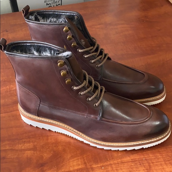 MEN’S BRIWN LEATHER LACE UP BOOTS WITH FUR DETAILS - Picture 4 of 6